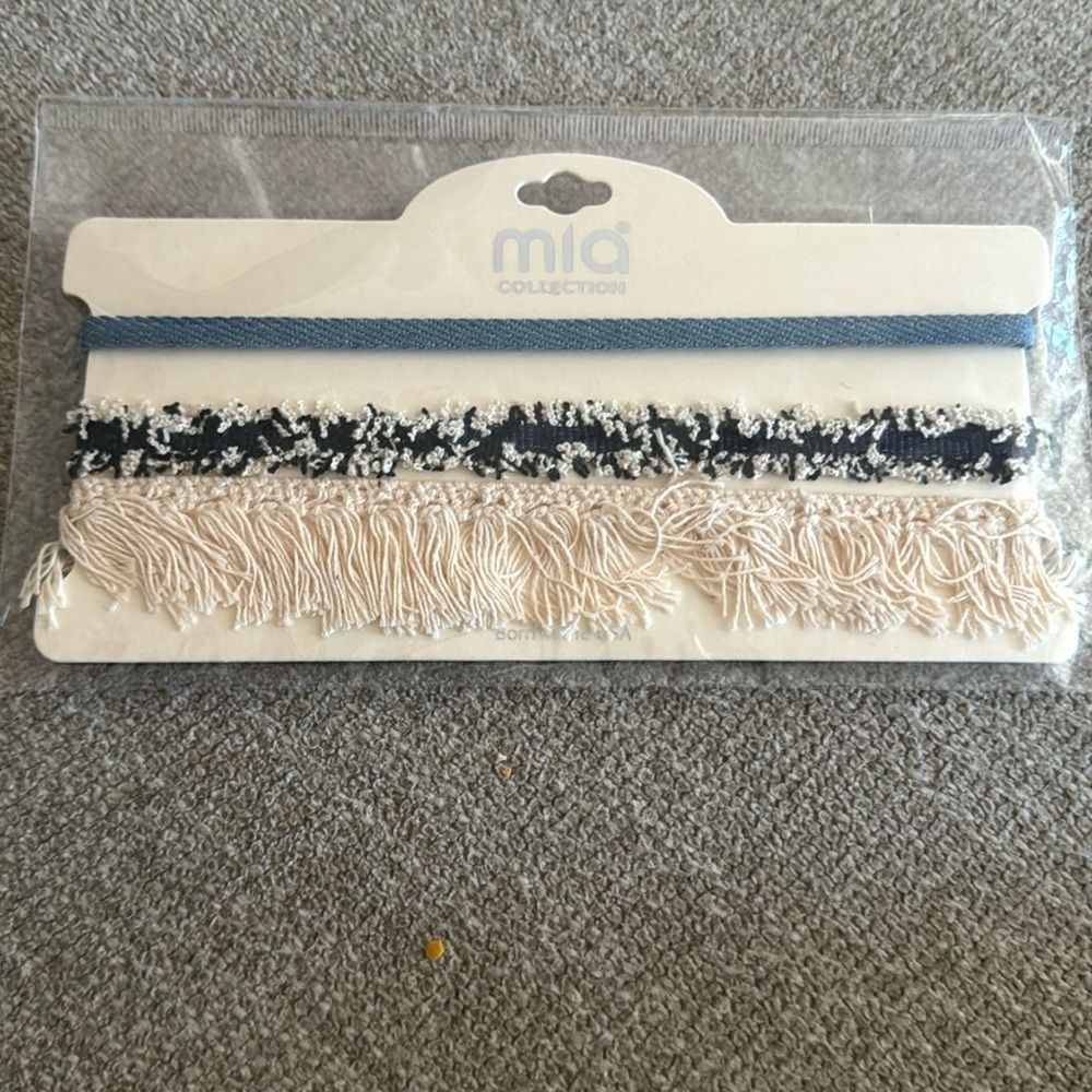 A'GACI Boutique Macrame Denim Chokers Set of 3 Blue Cream Gold Closure Boho